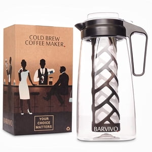 Barvivo Cold Brew Coffee Maker - Cafetière Iced Cold Brew Pitcher pour mélanger le rôti et le café parfait du matin - 67.63oz / 2.11quart / 2L - Plastique sans BPA