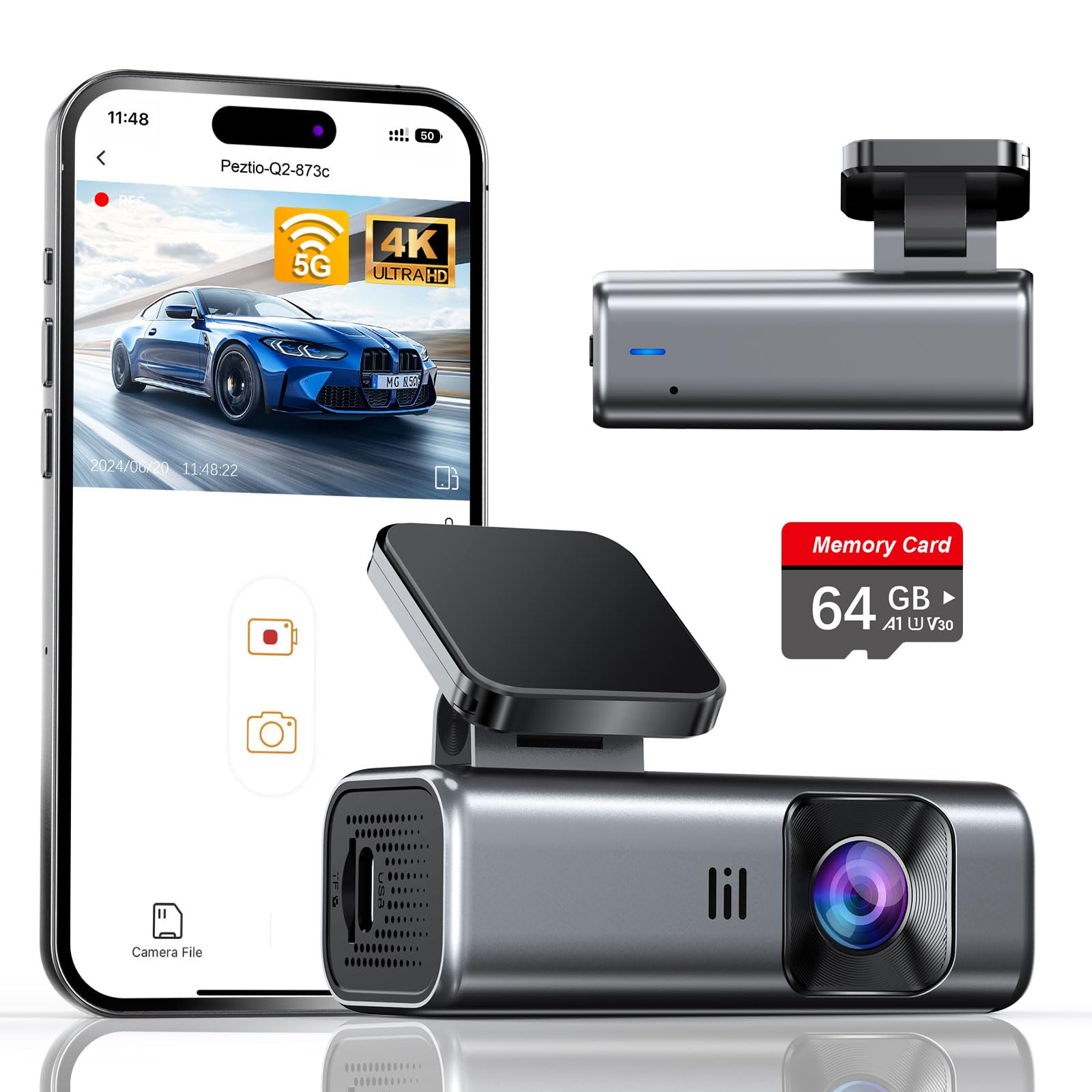 galphi 4K Dash Cam Front, Built-in 5G WiFi, 64GB Card Included, Dash Camera for Cars, Mini Dashcam with Super Night Vision, Loop