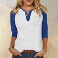 thumbnail image 2 of ManxiVoo Relaxed Fit Womens Top V Neck 3 4 Sleeve Button Front Shirt with Raglan Sleeves for Summer M Size Blue, 2 of 5