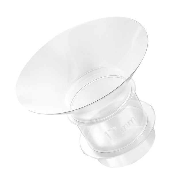 Momcozy 17mm flange insert for S9 Pro/S12 Pro breast pump, clear BPA-free silicone breast shield accessory with wide funnel shape and embossed 17 mm size, designed for comfortable and hygienic pumping.