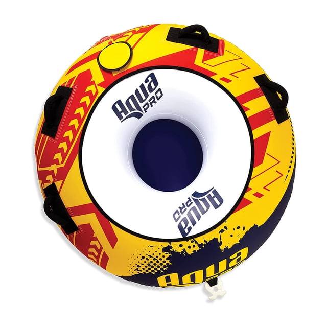 AquaPro Heavy Duty Nylon Deck Style Towable 1 Person Rider in yellow and red, featuring a circular design with bold graphics, reinforced non-slip handles, and padded seating for comfort. Made from durable nylon with heavy-duty inflatable bladders, it includes a triple-reinforced tow harness and fast-filled Boston valves for easy inflation and deflation. Ideal for boating and tubing on lakes or rivers, it measures 50 inches in diameter and supports up to 170 pounds.