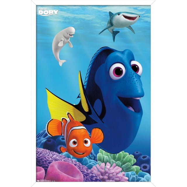 Disney Pixar Finding Dory - Dory Wall Poster, 22.375" x 34" featuring animated blue tang fish Dory and orange clownfish Nemo swimming above colorful coral reef in a blue underwater scene with a whale shark and a white beluga whale in the background, suitable for vibrant room decor.