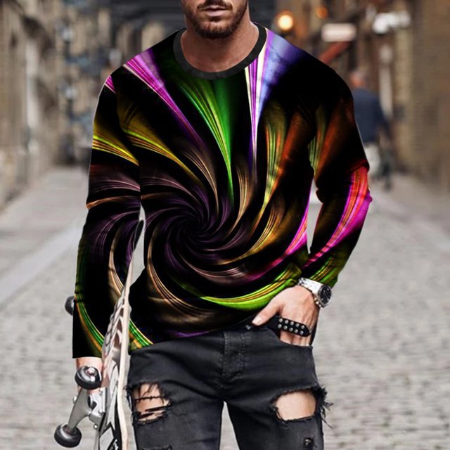 cllios Tee T-Shirt Graphique pour Hommes Grande Taille et Très Grande Taille T-Shirt Imprimé à Lignes Optiques 3D T-Shirt Léger à Manches Longues T-Shirt Décontracté à Col Rond Chandail d'Entraînement T-Shirts Moulants pour Hommes Tee