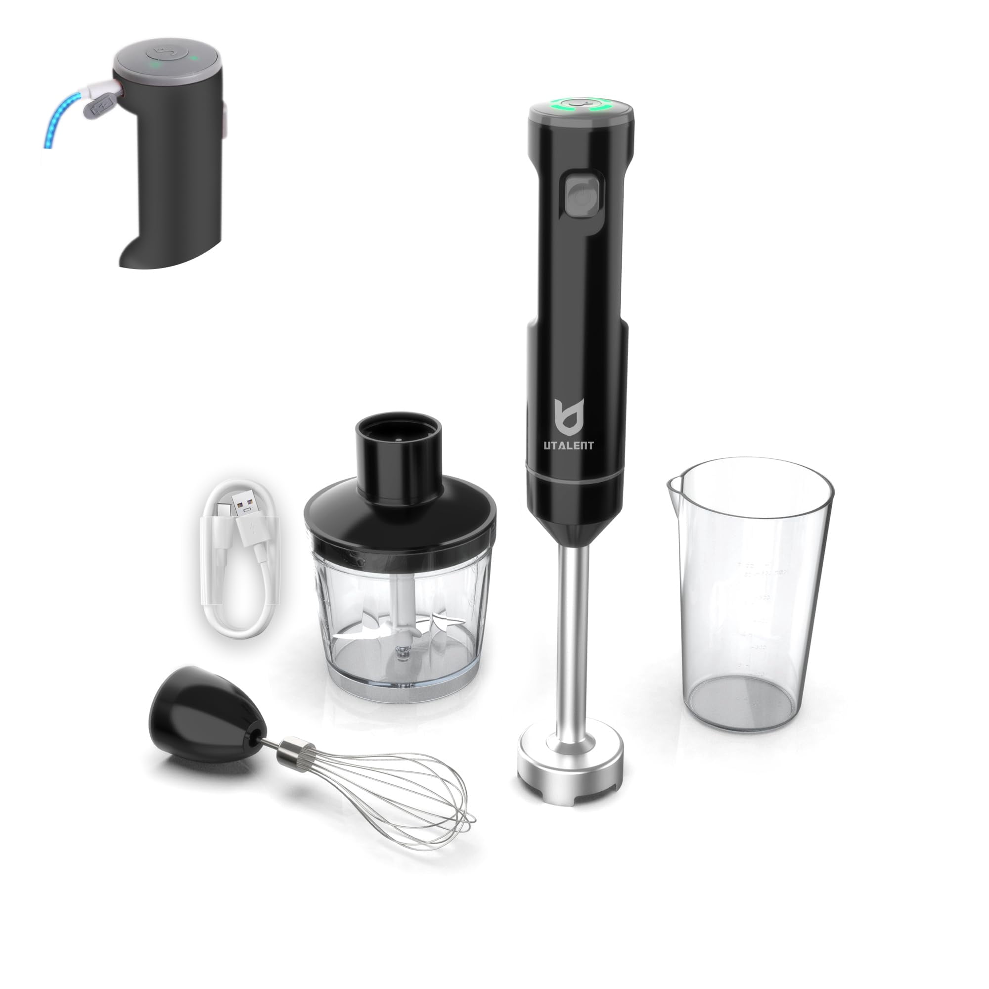 Cordless Hand Blender, UTALENT Variable Speed Immersion Blender Rechargeable, with 500ml Chopper, 600ml container, Egg Whisk, for Smoothies, Baby Foo