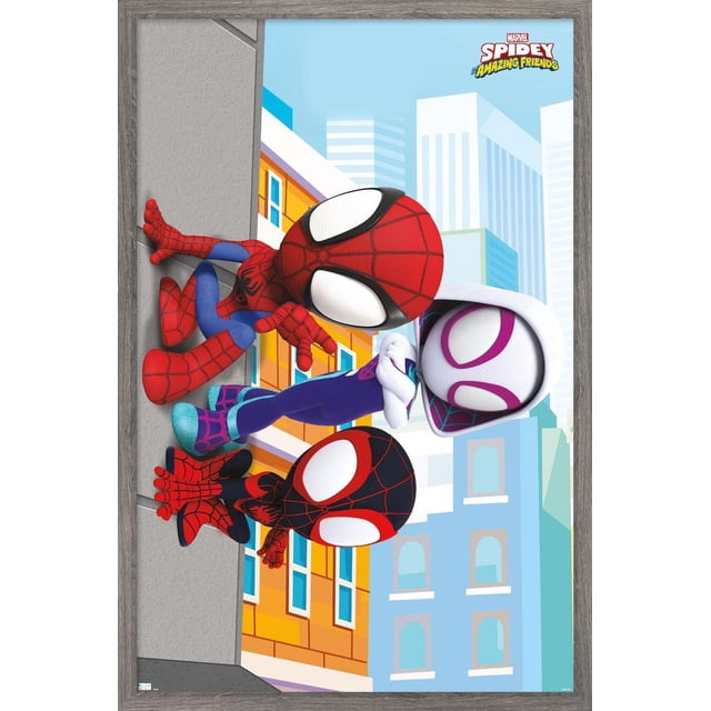 Marvel Spidey and His Amazing Friends Affiche Murale, 22,375 Pouces x 34 Pouces, Représentant Trois Personnages de Spider-Man en Rouge, Noir et Blanc-Violet, Déguisements Escaladant un Mur de Bâtiments Urbains Colorés et des Gratte-Ciel en Arrière-Plan, Imprimée sur Papier Lustré, Convient à la Déco Intérieure.