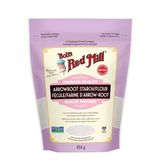 Bob's Red Mill Arrowroot Starch 454 g resealable purple and cream bag, gluten free and non-GMO verified, ideal for thickening sauces, soups, and gluten-free baking, labeled in English and French for Canadian consumers.