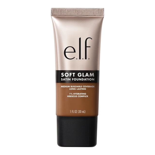e.l.f. Cosmetics Soft Glam Fond de Teint Satiné en tube de 30 ml avec Dégradé beige à Brun et Bonnet Noir, Offrant une Couvrance Modulable Moyenne, Formule Liquide Respirante Longue Tenue Infusée de Complexe d'Hibiscus Hydratant à 1 %, Convient à une Finition Satinée Lisse et à un Port Non Comédogène.