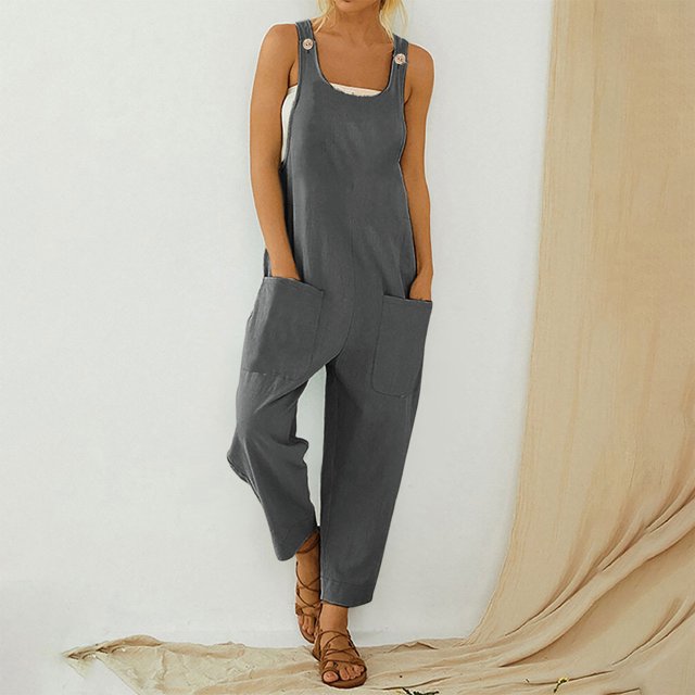 EQWLJWE Liquidation d'Été! Combinaisons Sans Manches à Boutons pour Femmes, Taille Haute, Coupe Basse, Col Rond, Pantalon Long