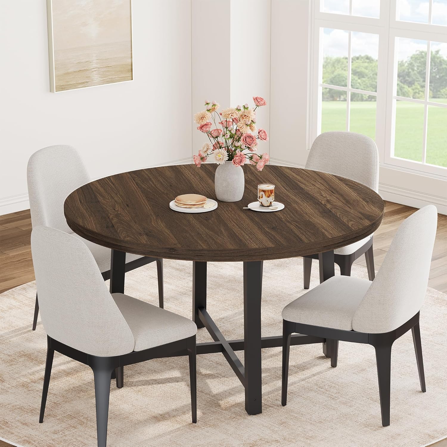47" Round Dining Table for 4, Modern Industrial Kitchen Table with Thick Tabletop & Sturdy Metal Base, Space-Saving Wooden Kitchen and Dining Room Furniture, Brown