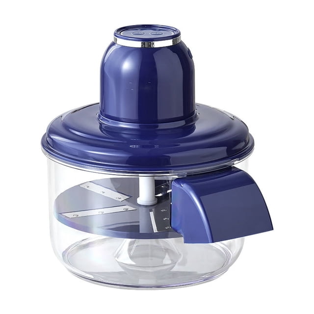 Electrics Fruit And Vegetable Peeler, a versatile kitchen gadget with a blue top and transparent base. Features a 50W motor spinning at 1300 RPM for efficient peeling without waste. Includes detachable parts for hassle-free cleaning and powered by a 1300mAh rechargeable battery for extended use. Lightweight at 0.8kg and measuring 203x203x230mm, ideal for food preparation and easy storage.
