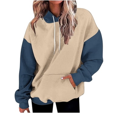 Rbaofujie Fall Sweaters Women's Loose Fitting Color Blocking Long Sleeved Hoodie Sports Top Khaki Women's Fashion Hoodies & Sweatshirts