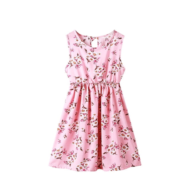 2025 Robes Filles Col Rond Belle Robe pour Col Été Sans Manches Robes d'Été 4 Ans Vêtement Décontracté Plage Imprimé Floral