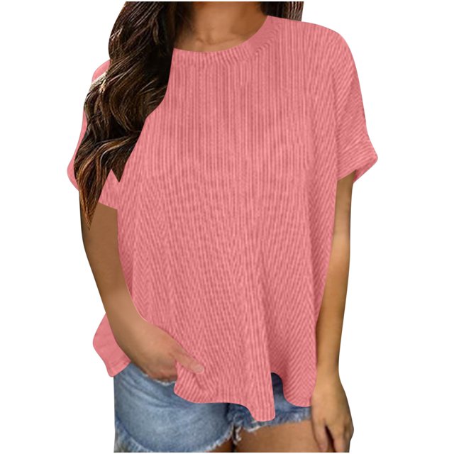 Timegard Tops for Women Summer Ribbed Crewneck Short Sleeve Basic Tee Casual Loose Shirts Tops blouse