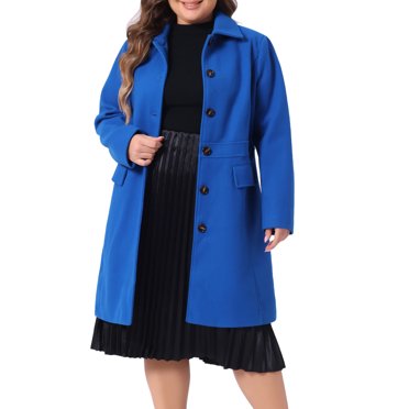GRACE & GRANDEUR Manteau Femme Grande Taille Uni Simple Boutonnage Long Automne Hiver avec Poches 1X Bleu Royal