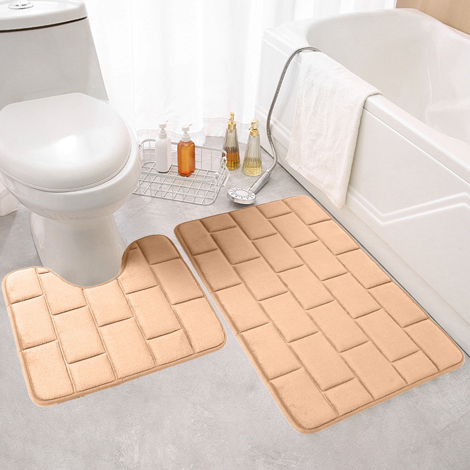 Bathroom Water Absorbing Door Mat, Non Slip Floor Mat, Polyester Fiber, Soft Comfortable, Easy to Clean, Fast Drying, 2-Piece Set for Toilet Shower Area