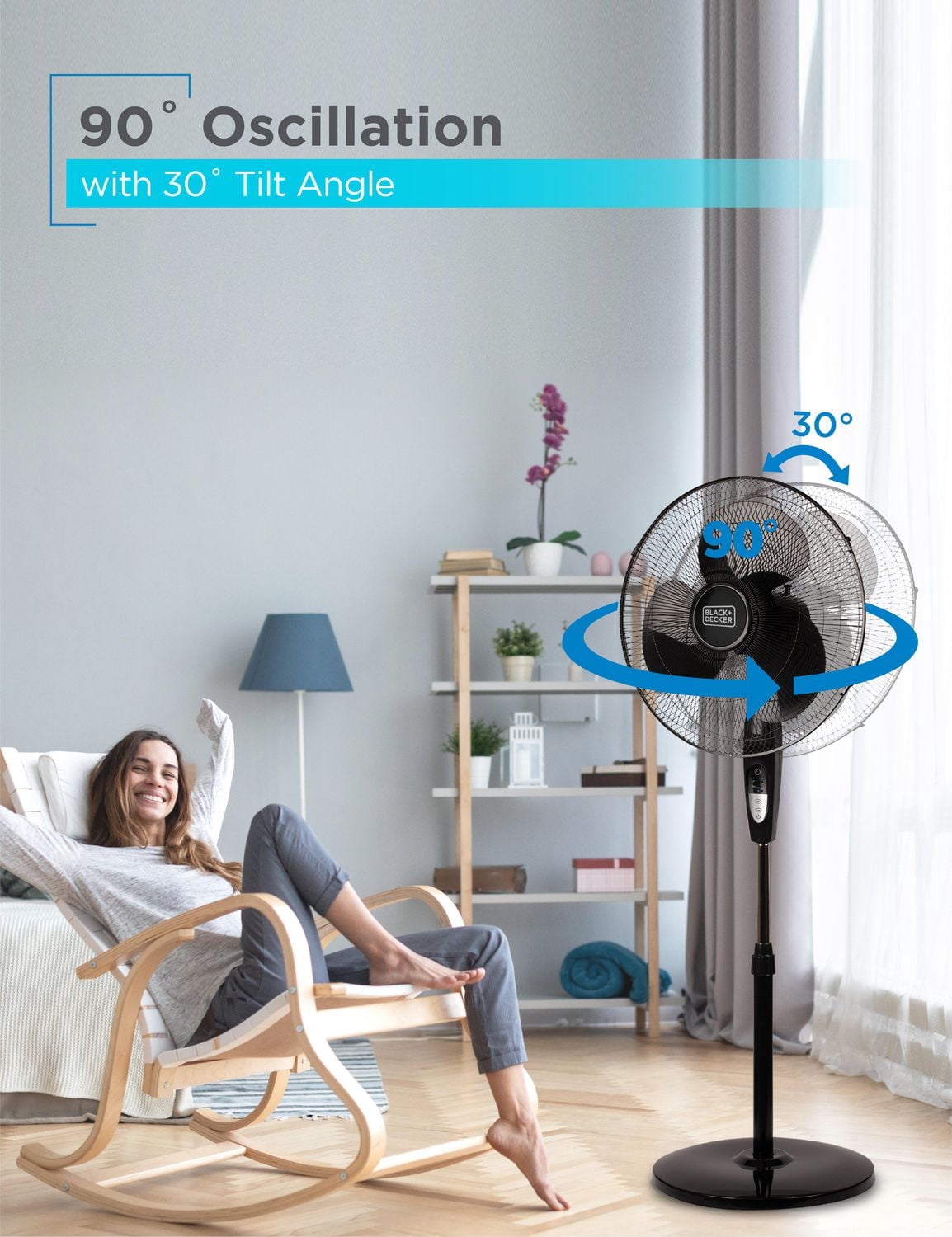 Ventilateur sur pied Black + Decker de 16 po avec télécommande et base ronde, noir