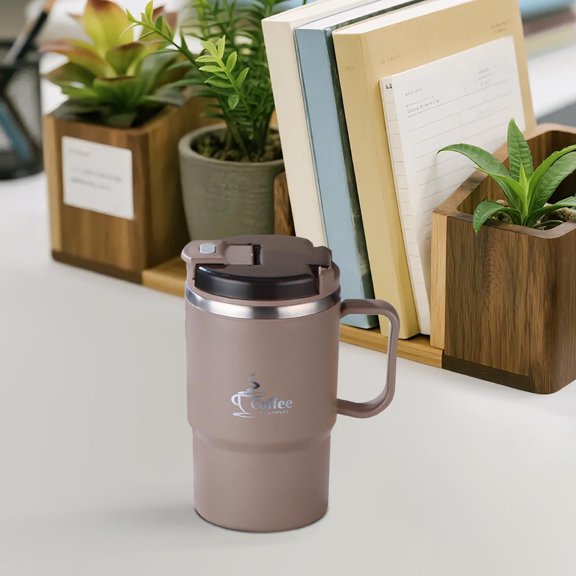Gobelet en Acier Inoxydable Isolé à Double Paroi avec Poignée et Paille / 550ml Tasse de Voyage Étanche pour Café, Eau et Boissons / Maison Bureau École Tasse Réutilisable