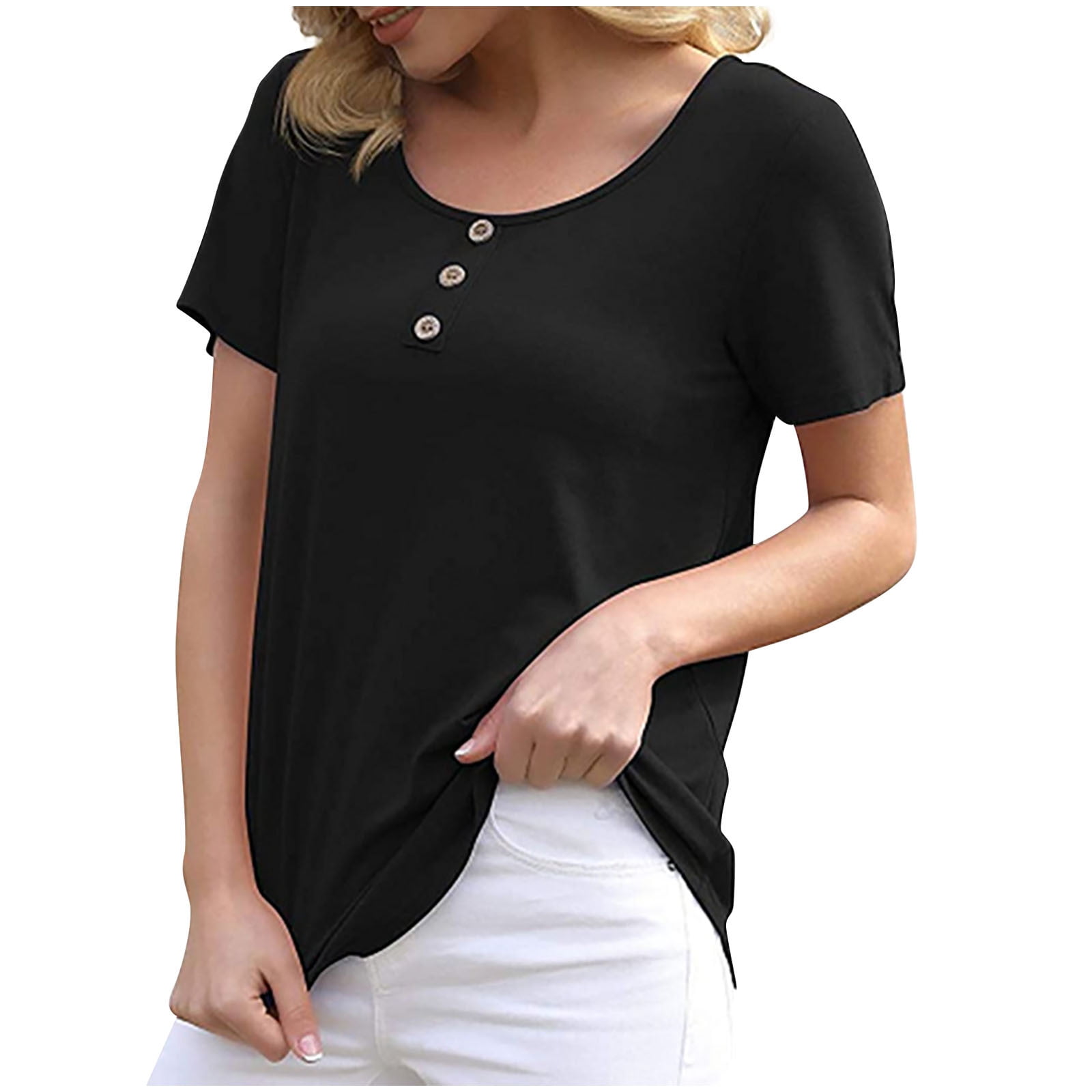 Birdeem Womens Casual Loose Solid Color Crewneck Short Sleeve Button T-Shirt Tops