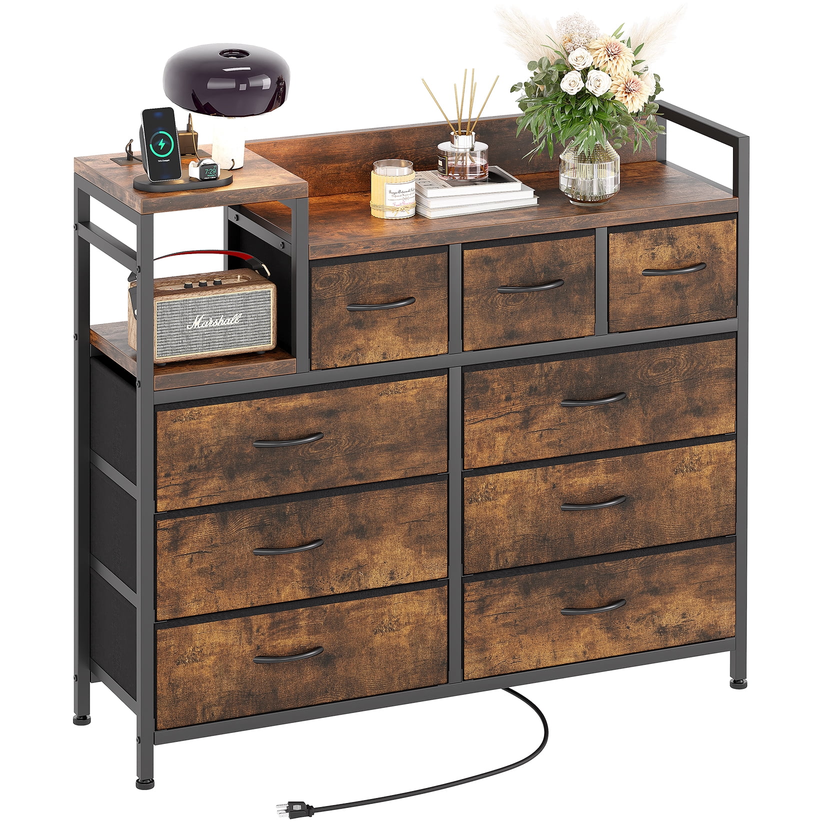 EastVita TV Stand with Charging Station, Bedroom Dresser for Living Room TV Stand with 9 Drawers, Vintage