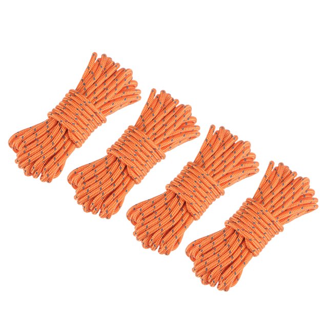 Unique Bargains 3mm 13.12ft polyester fluorescent reflective tent rope cord in orange, displayed in a pack of four. Each rope is coiled neatly, made of durable polyester with reflective accents for enhanced visibility. Ideal for tent repair kits, camping accessories, hiking, and outdoor activities.