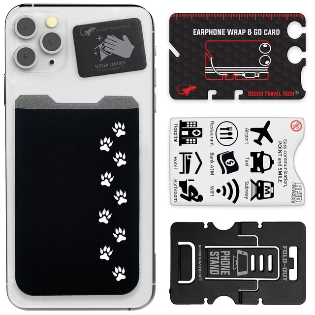 Gecko Travel Tech Phone Wallet - Stick On Card Holder Wallet for Cell Phones - Adhesive Card Pocket - CAT PAW BLACK