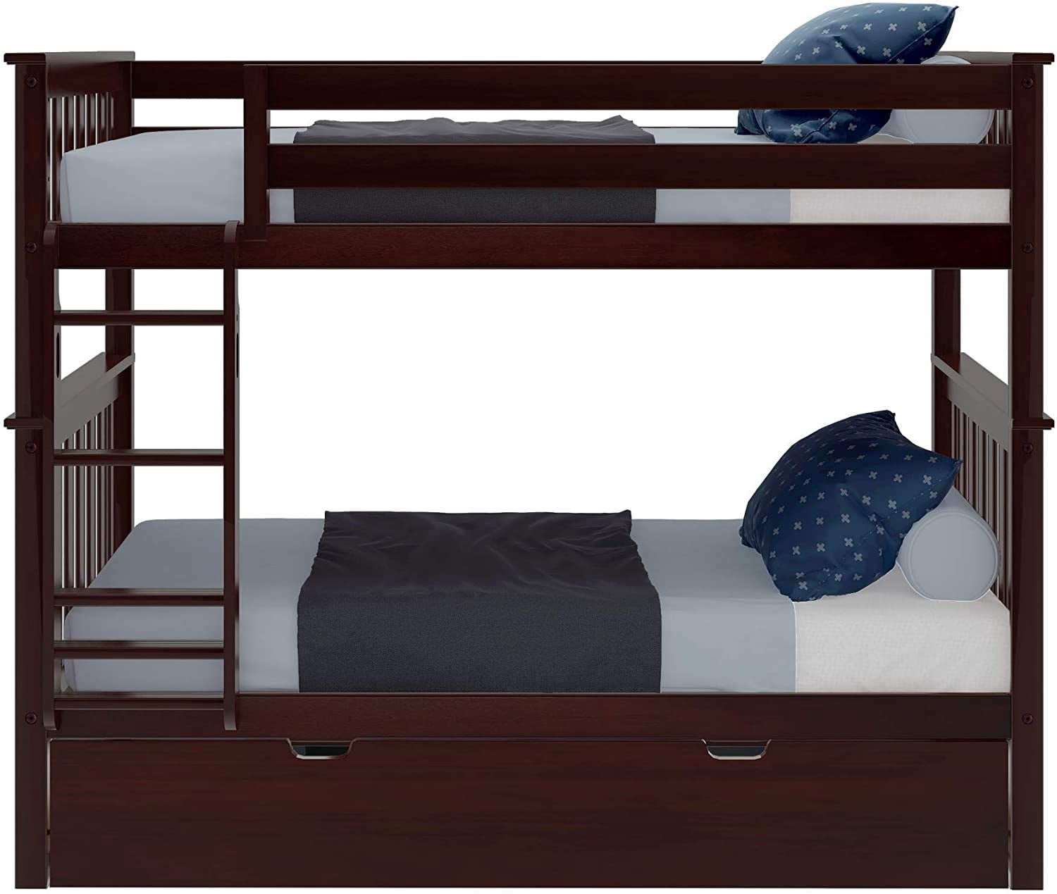 BEDSMART Solid Wood Twin Over Twin Bunk Bed With Trundle | Espresso