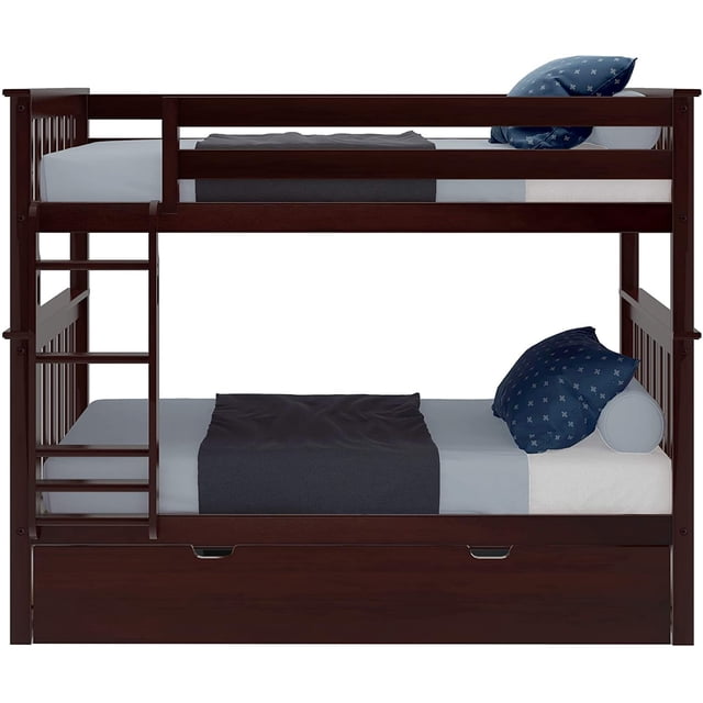 BEDSMART Solid Wood Twin Over Twin Bunk Bed With Trundle | Espresso
