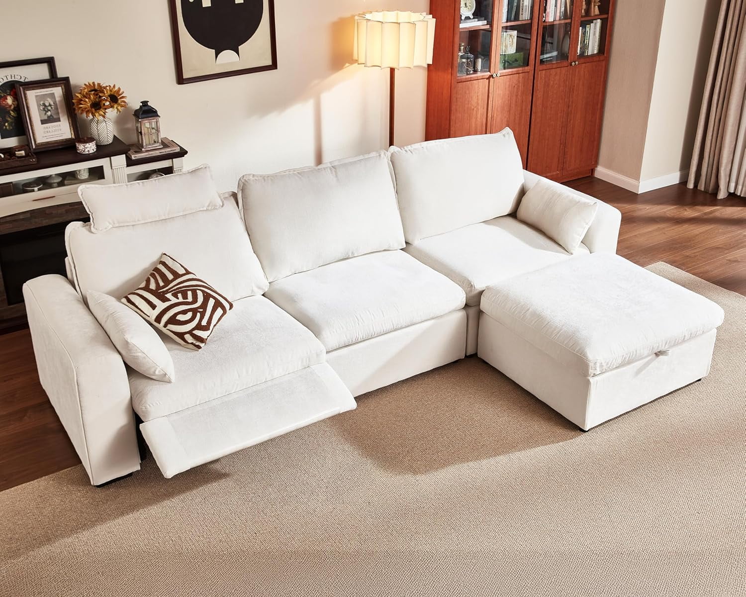 BEDEEP Canapé Inclinable Électrique 125 Pieds' avec Appui-Tête, Canapé Sectionnel en Chenille avec Rangement Ottoman, Canapé Convertible 4 Places pour Salon RV, Blanc