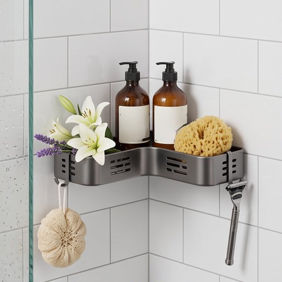Gray L-Shaped Corner Shower Caddy, 10.43x10.43x1.97 In Adhesive Wall Mount Metal Bathroom Organizer Shelf with Side Hooks, Rustproof Storage Basket