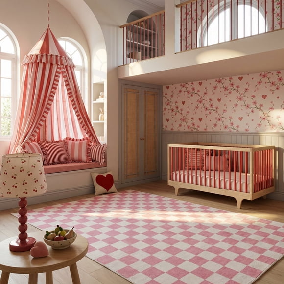 Tapis de surface Géométrique Rug Branch Metro Checkered Blush 7' x 10' (Taille exacte: 6'7" x 9'6") Rose Contemporain - Living Room, Bedroom, Dining Room, and Kitchen