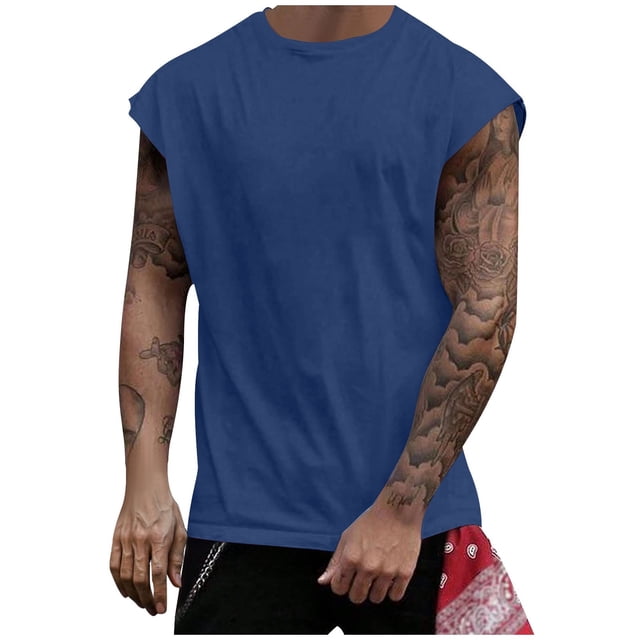 BADHUB Mens Workout Hooded Tank Tops Drawstring Muscle Stretch Sleeveless Solid Color Shirts Loose Gym Vest Clearance Navy L
