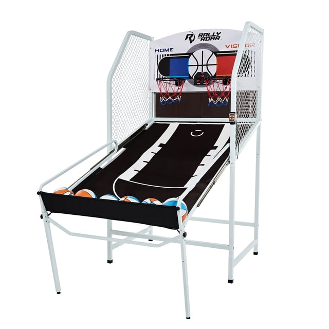 Rally and Roar 2 Player Foldable Arcade Cage Basketball Game with LED Scorer. This multicolour arcade-style basketball game features a durable steel frame, dual 12-inch hoops, and a foldable design for easy storage. Includes 6 basketballs, an air pump, and an LED electronic scorer with 8 game modes. Ideal for indoor use in game rooms, garages, or basements, offering head-to-head competition and realistic sound effects.