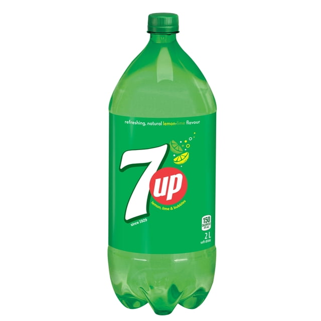 7UP Soft Drink Lemon Lime 2L bottle in green plastic featuring the 7UP logo, lemon and lime graphics, and 150 calories label, a caffeine-free lemon-lime soda with a crisp, bubbly taste ideal for sharing and refreshment.
