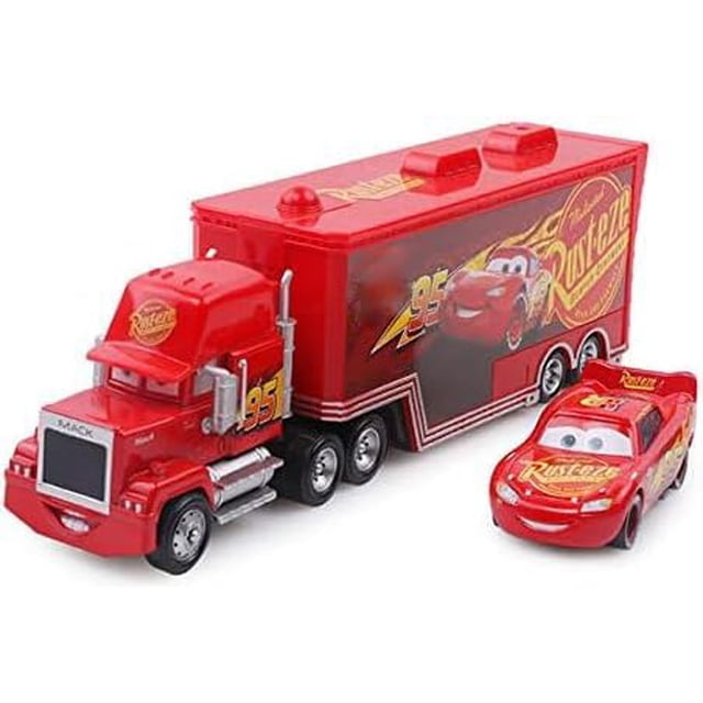 HAHDAXIA Toys Mack Uncle Truck 1:55 Véhicule Miniature Moulé sous Pression en Rouge, Présentant un Ensemble Détaillé de Camion et de Voiture Inspiré des Personnages de Film. le Camion Mesure 22x5x7 cm et Est Fait de Plastique Robuste, pendant Que la Voiture, Mesurant 8x4x2,5 cm, Est Fabriquée en Alliage avec des Roues et un Châssis en Plastique. les Deux Pièces Mettent en Valeur des designs Lisses et une Coloration Rouge Vibrante avec Rust-eze et les Autocollants No. 95. Idéal pour le Jeu des Enfants