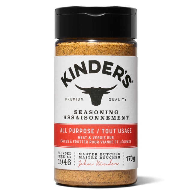Kinder's All Purpose Seasoning Spice 170g in a clear plastic container with black lid, featuring a bull head logo and bilingual label, a sea salt, garlic, spice, and chili blend ideal for smoking, grilling, roasting, and sautéing meat and vegetables.