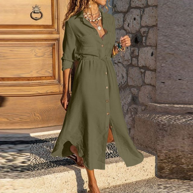 CHOK Robes d'Été pour Femmes Couleur Unie à Simple Boutonnage Col à Revers Robe Chemise à Cordon Robe en Coton et Lin Bleu Marine m