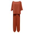 thumbnail image 4 of Ensemble de Pantalons pour Femmes, Col Rond, Manches Courtes, Hauts de Couleur Unie, Pantalons à Jambes Larges, Ensemble Décontracté d'Été pour Dames, 4 of 4
