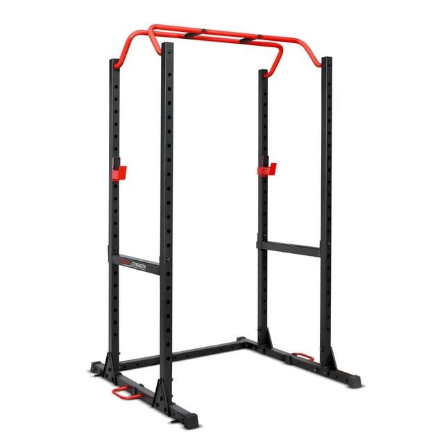 Sunny Health & Fitness Essential Power Cage Squat Rack - SF-XF921024 with a black steel frame and red pull-up bar and J-hooks, featuring 21 adjustable height levels for spotter arms and J-hooks, designed for strength training and power rack workouts with a 1000-pound max weight capacity, suitable for home gyms and customizable with resistance band handles and modular attachments.