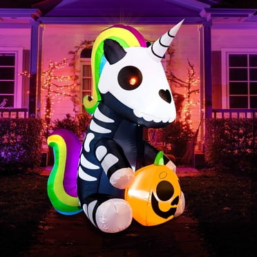 Joyfy 5 ft (1.52m) Halloween Inflatable Sitting Skeleton Unicorn with Build-in LEDs,Halloween Blow up Yard Decorations Outdoor Decorations