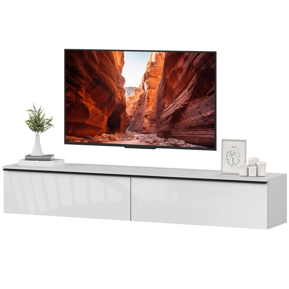CoSoTower Wall Mounted TV Stand, Floating TV Cabinet with Storage, for TVs up to 80", High Gloss Effect, White