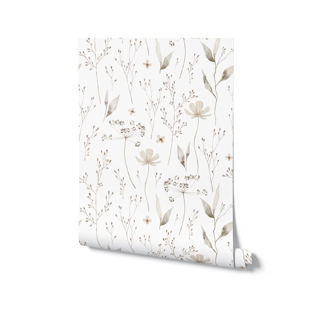 Tranquil Bloom Wallpaper by Timberlea Interiors featuring a delicate floral design with soft beige and green tones on a white background. Ideal for wall décor and interior design, this removable vinyl wallpaper is washable and has a repeat size of 25 inches by 25 inches. Made in Canada.