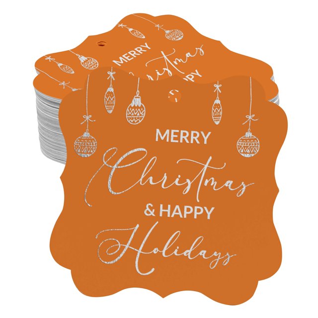Inkdotpot Pack Of 50 Merry Christmas & Happy Text Paper Tags DIY Craft Bracket Shape Real Silver Foil Hang Tags