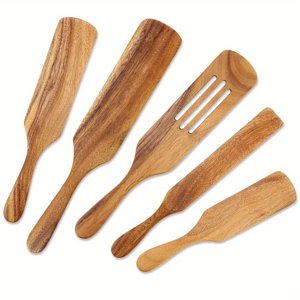 5pcs Ensemble d'articles de cuisine en bois d'Acacia naturel - Comprend le mélangeur à main de salade de spatule et les éperons - Parfait pour une cuisine saine