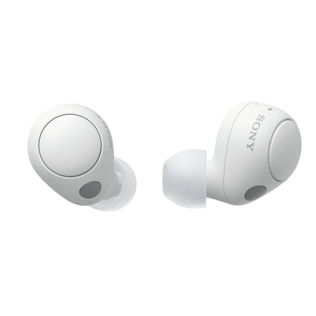 WF-C700N Truly Wireless In-Ear Headphones in white with ergonomic rounded earbuds, silicone ear tips, and microphone mesh for clear calls and stable fit, displayed on a white background.
