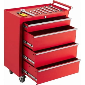 Poitrine à outils roulants, 4 Armoire de rangement pour outils avec roues, organisateur portable de armoire à outils avec système de verrouillage & Liners de tiroirs, Roues à verrou universelles, Panier de rangement d'outils, Garage/Atelier, Rouge