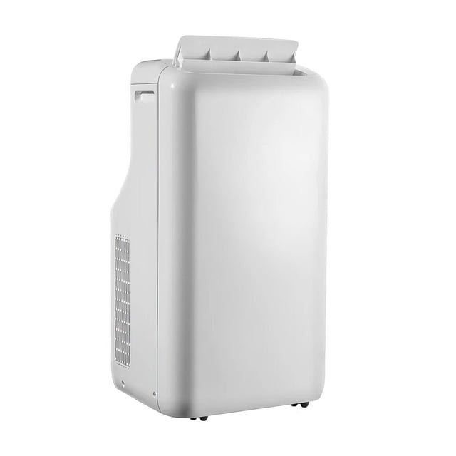 Tosot 14000 BTU Portable Air Conditioner with Heater and WiFi control, front 3/4 view of a white compact unit with smooth edges, top adjustable air vent louvers, side ventilation panel, and built-in handle, designed to cool, heat, and dehumidify rooms up to 550 sq. ft. with programmable thermostat and energy-saving features.