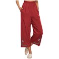 thumbnail image 2 of Womens Wide Leg Cropped Pants Cotton Linen Elastic High Waisted Palazzo Pants with Pockets Red, 2 of 7