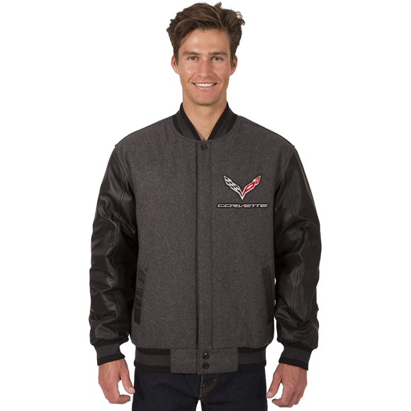 Mens Chevy Corvette Wool Leather Reversible Jacket with Embroidered Emblems in Black or Gray