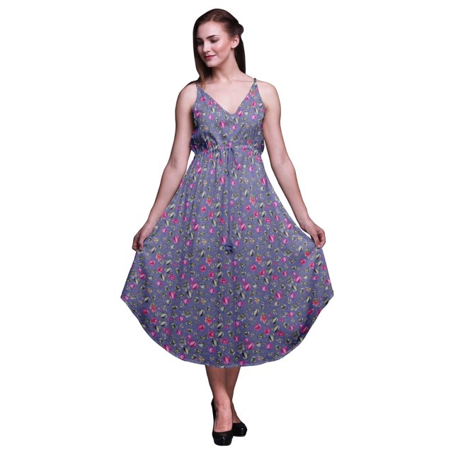 Bimba Robe Midi d'Été à Imprimé Floral pour Femme à Col en V, Tenue de Villégiature de Vacances - Grand