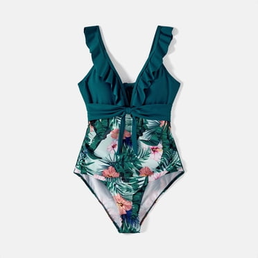 PatPat Women One Piece Swimsuits Tummy Control High Waist V Neck Tropical Family Matching Bathing Suit Set